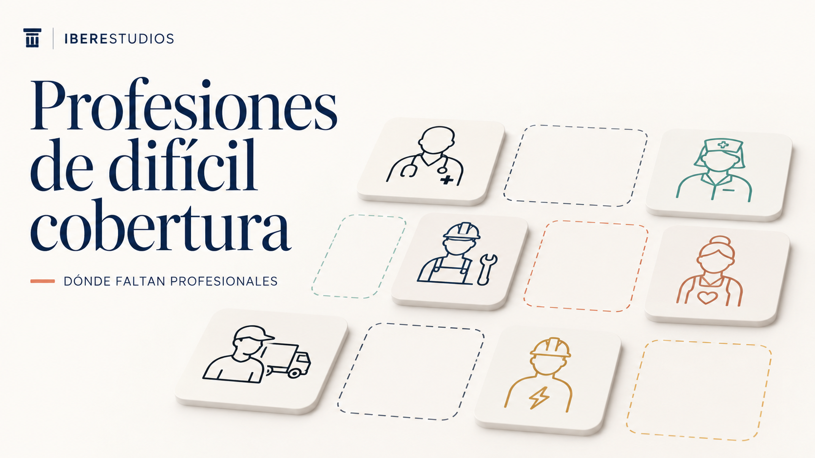 profesiones de difícil cobertura, con tarjetas de distintos perfiles profesionales y huecos vacíos que simbolizan la falta de candidatos en ocupaciones esenciales.