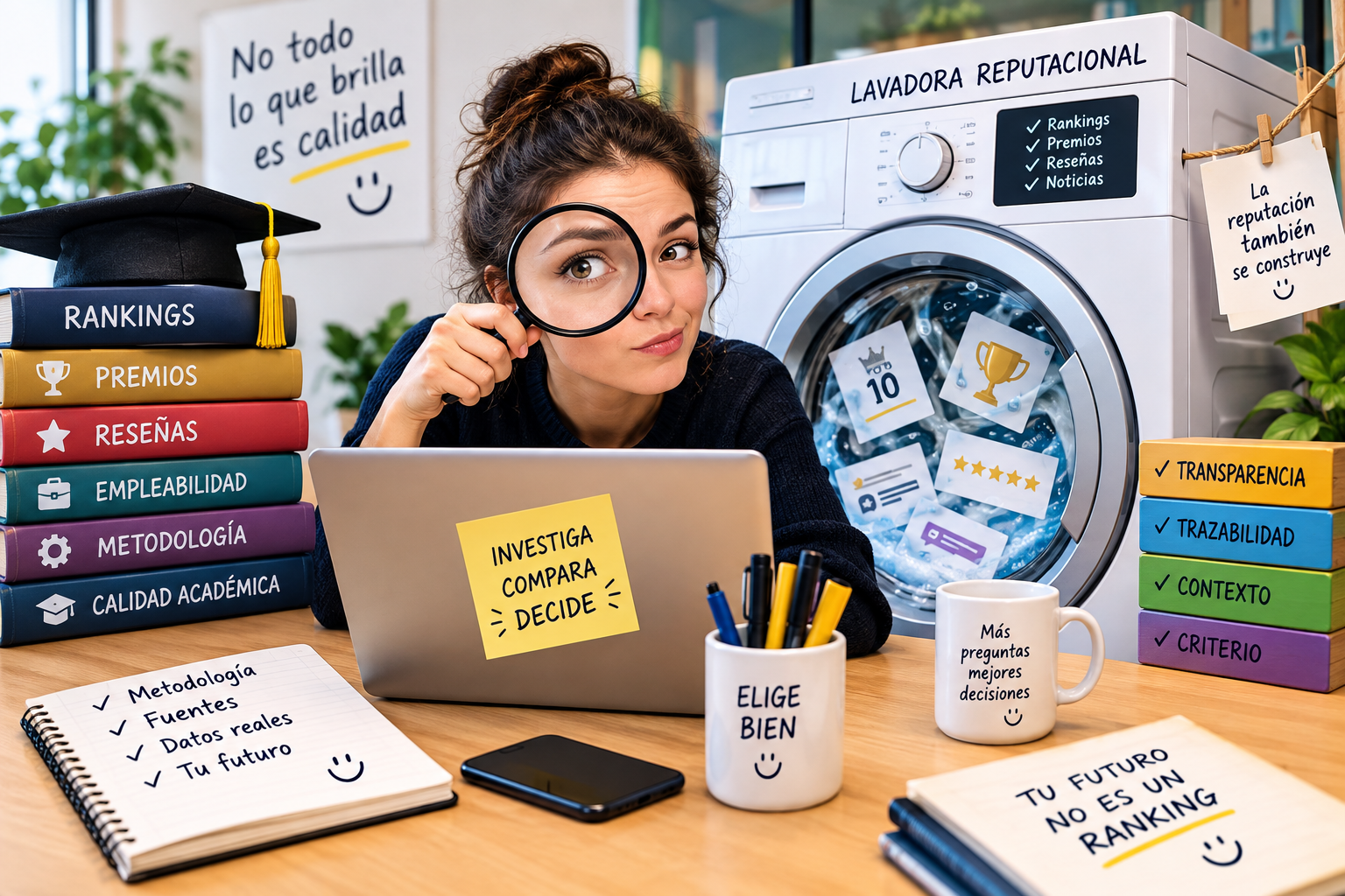 Estudiante investigando rankings, premios y reseñas junto a una lavadora reputacional llena de sellos, estrellas y reconocimientos educativos.