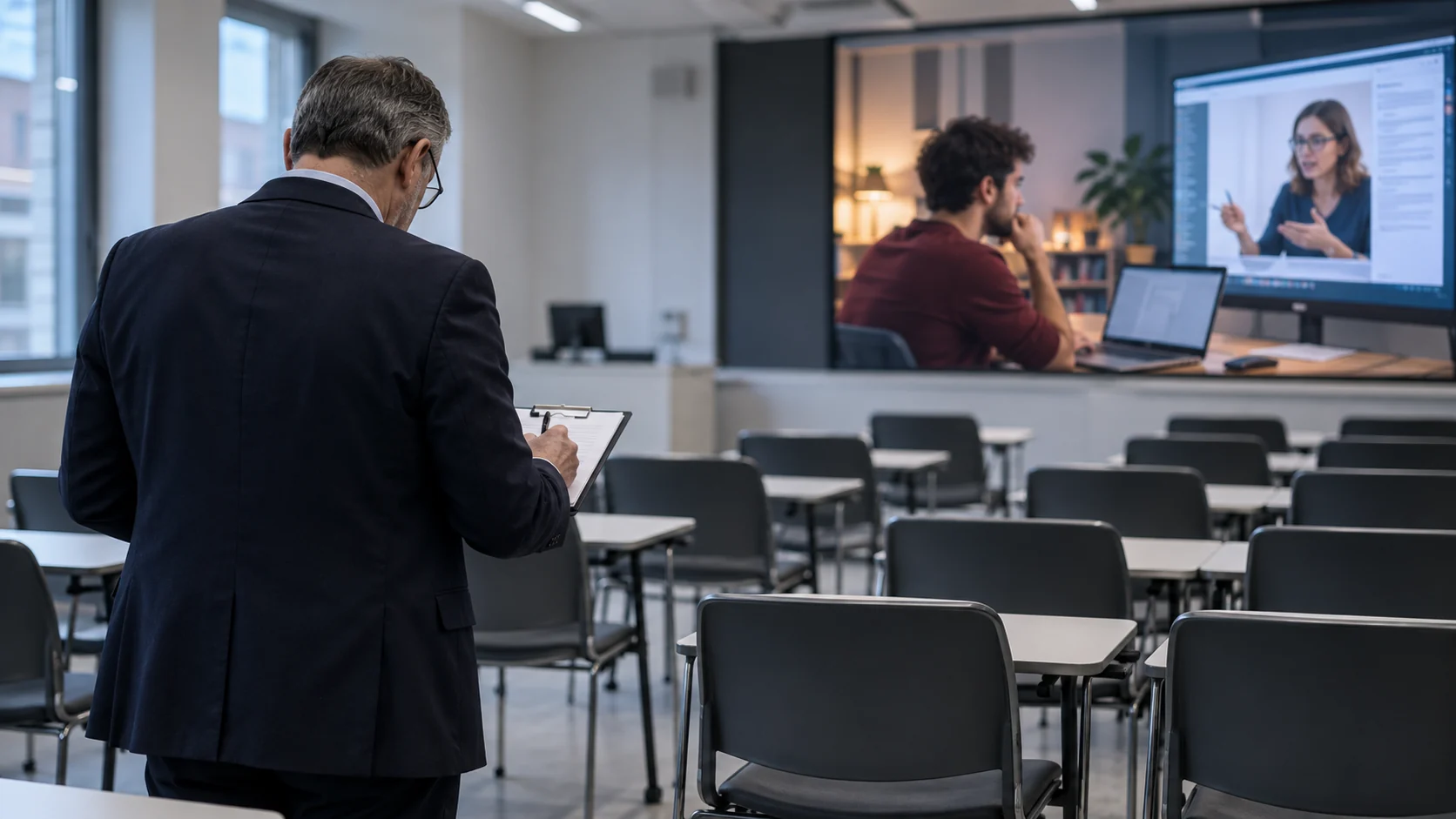 Inspector contando sillas en un aula vacía mientras un alumno recibe formación online.