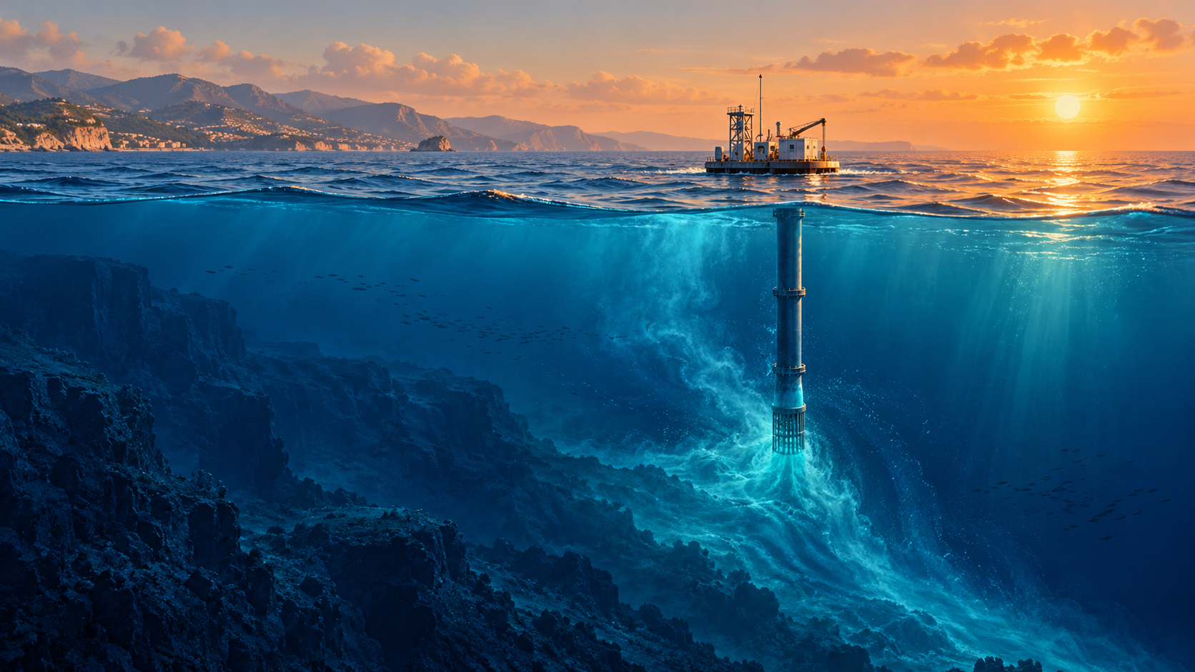 Ilustración conceptual de una plataforma conectada con aguas profundas para explorar el enfriamiento del mar.