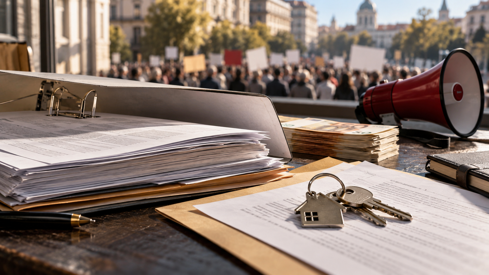 Documentos, llaves de vivienda, dinero y un megáfono ante una manifestación